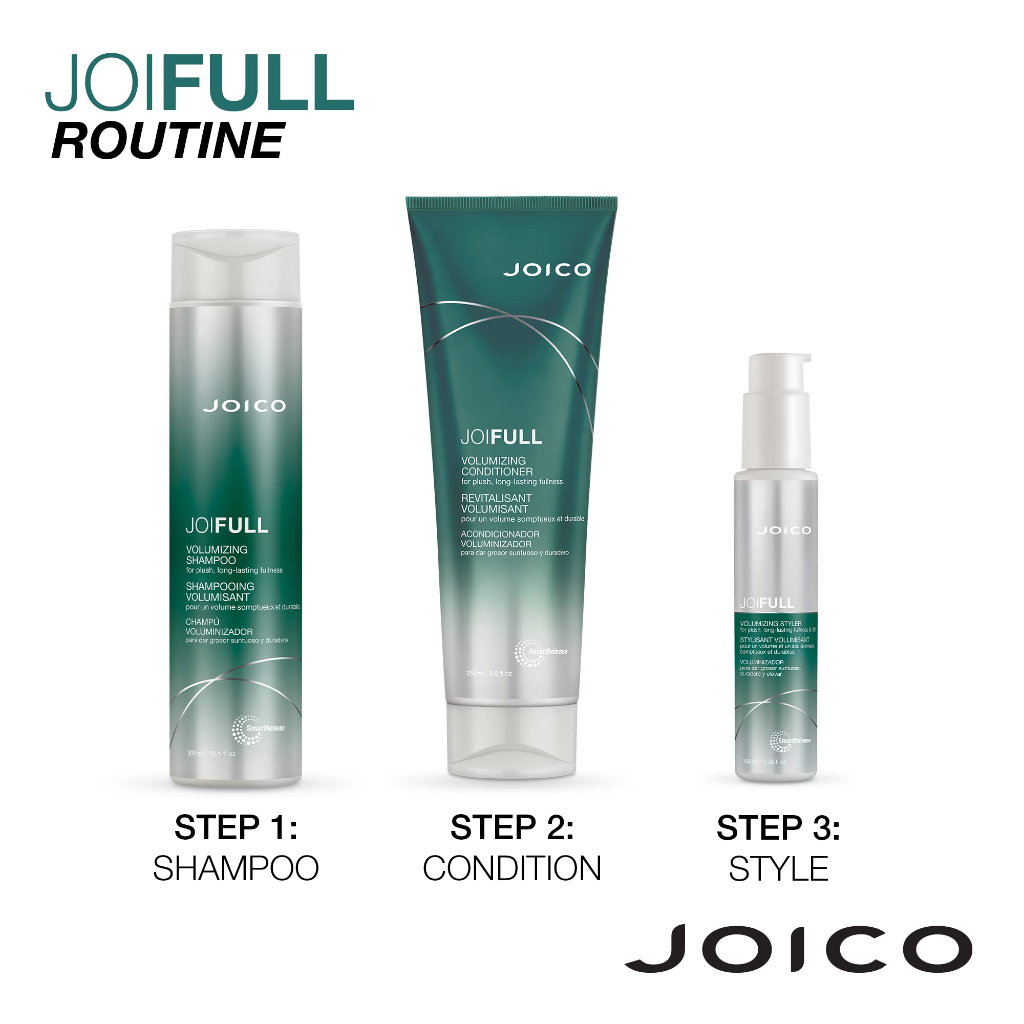 Joico JoiFULL hair with moisture and shine maintaining humidity resistance.