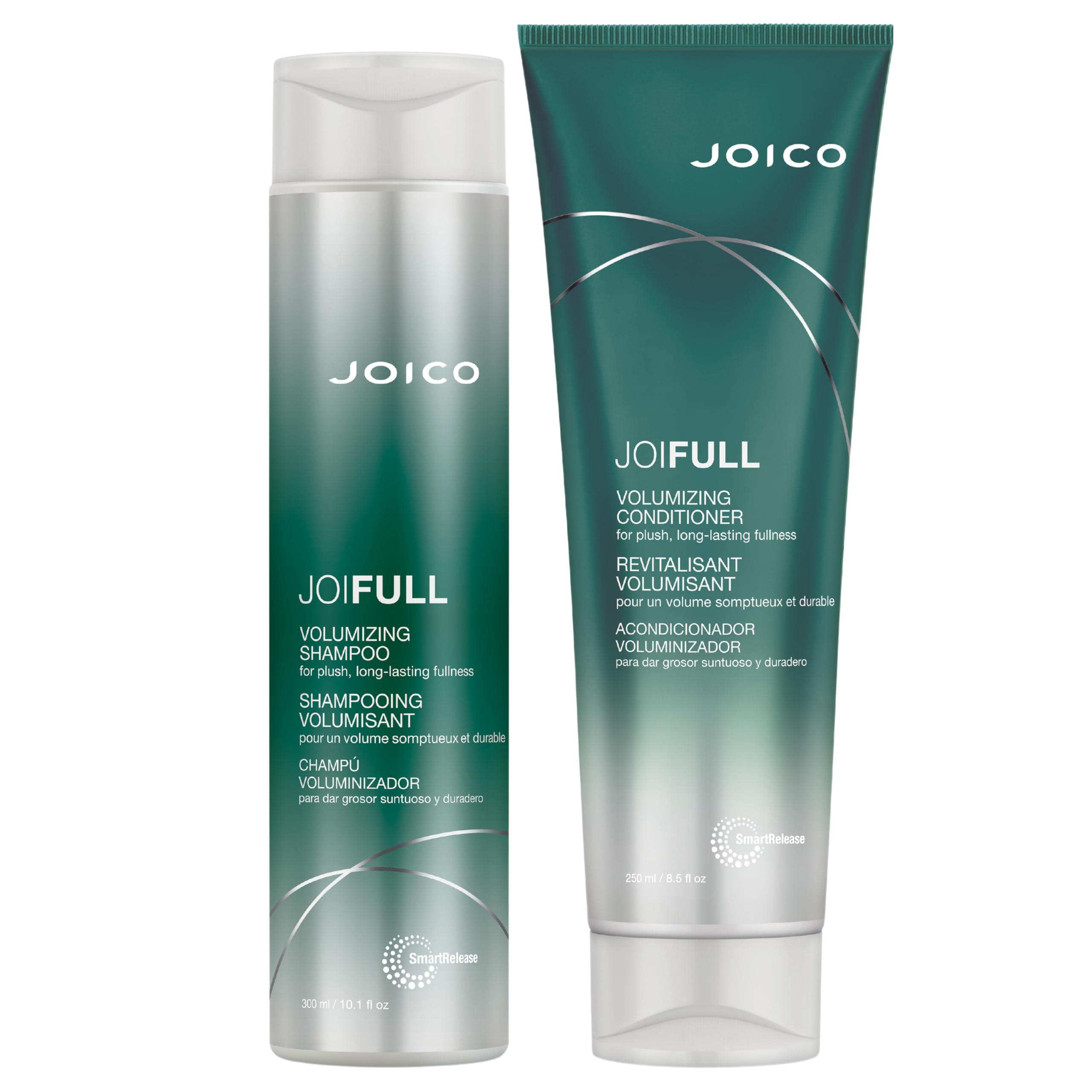 Joico JoiFULL shampoo bottle closeup showing lightweight volume boost for fine hair.