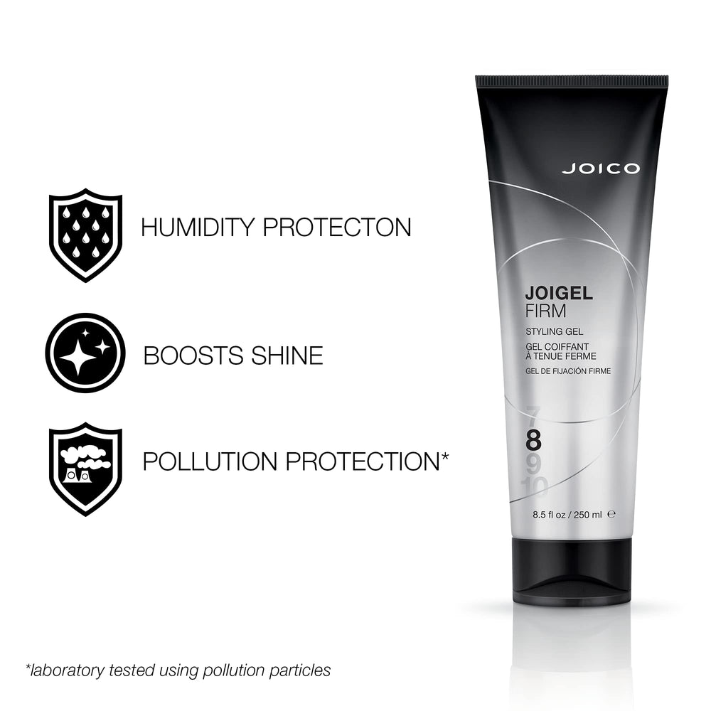 Back view of Joico JoiGel Firm bottle highlighting moisture and protection.