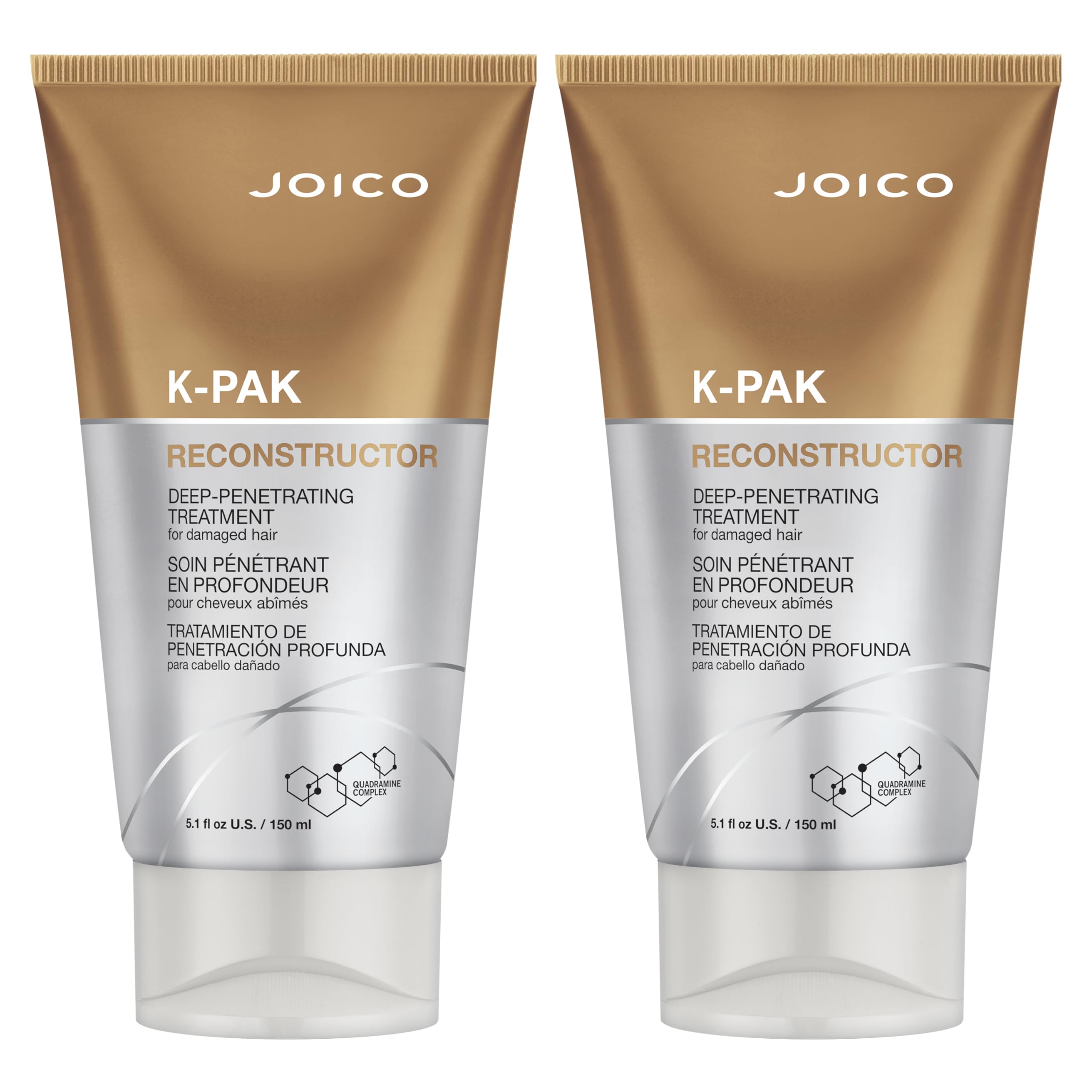 Joico K-PAK Reconstructor bottles closeup—two 5.1 oz bottles boost strength and manageability
