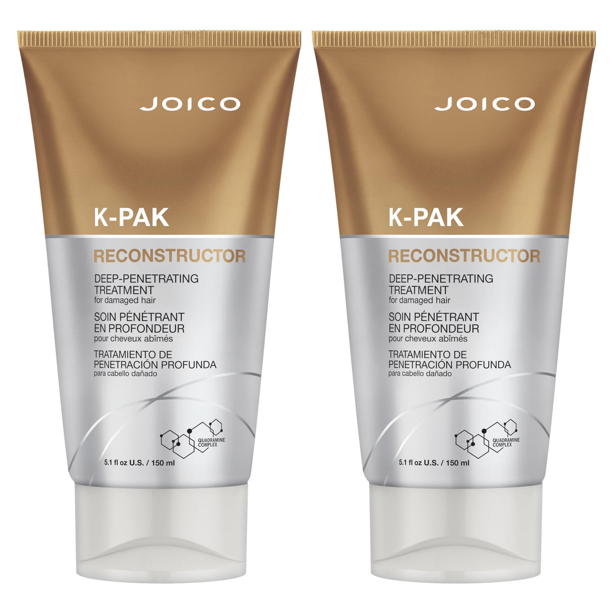 Joico K-PAK Reconstructor bottles closeup—two 5.1 oz bottles boost strength and manageability