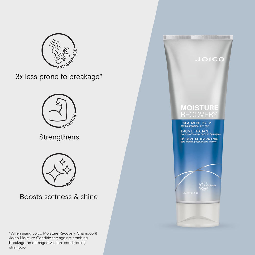 Ingredients focus for Joico Moisture Recovery Balm highlighting jojoba oil and shea butter benefits
