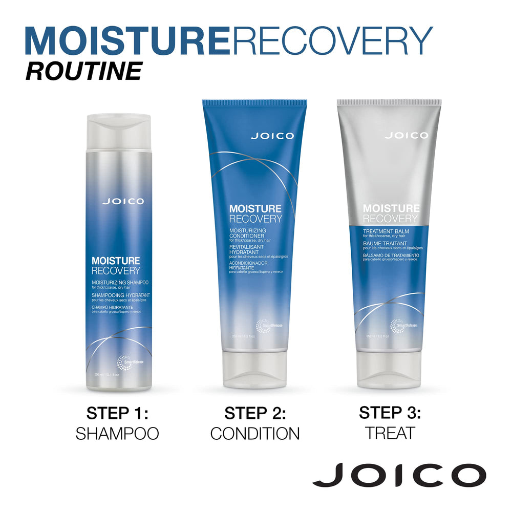 Flat lay of Joico Moisture Recovery set for a shower routine