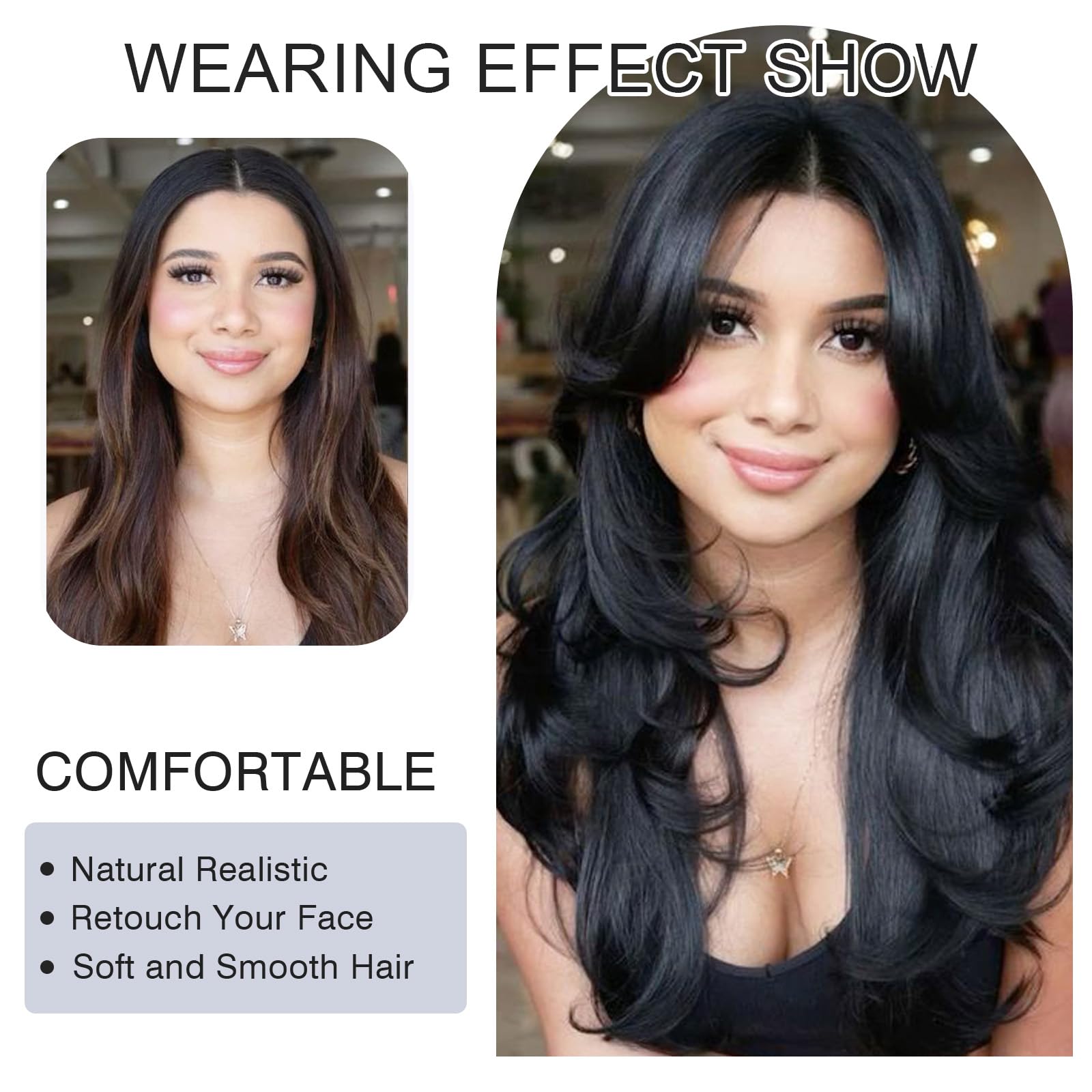 Jolelyne layered wavy wig with bangs, close-up, smooth texture for easy styling.