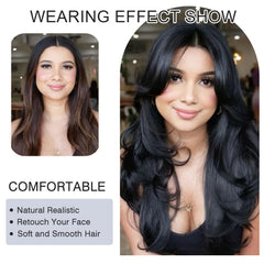 Jolelyne layered wavy wig with bangs, close-up, smooth texture for easy styling.