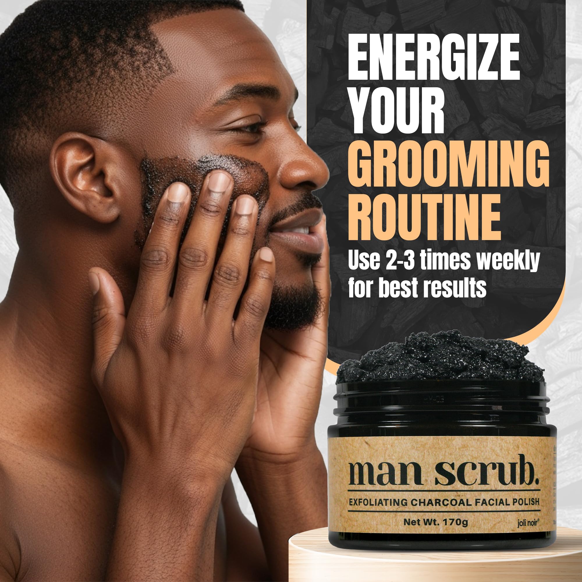 Product in hands illustrating easy circular massage for exfoliation