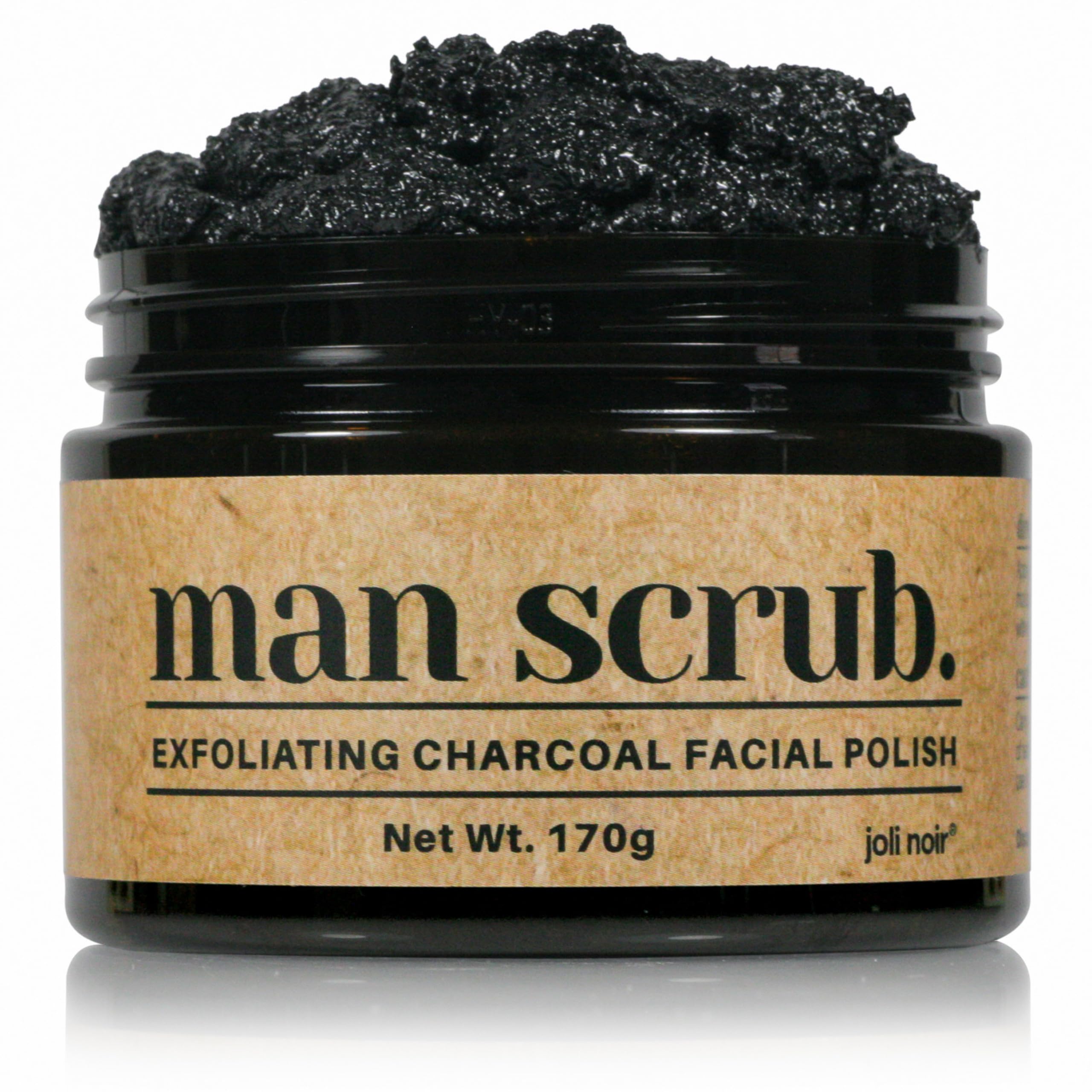 Joli Noir men's charcoal scrub jar close-up showing exfoliating action for oily skin
