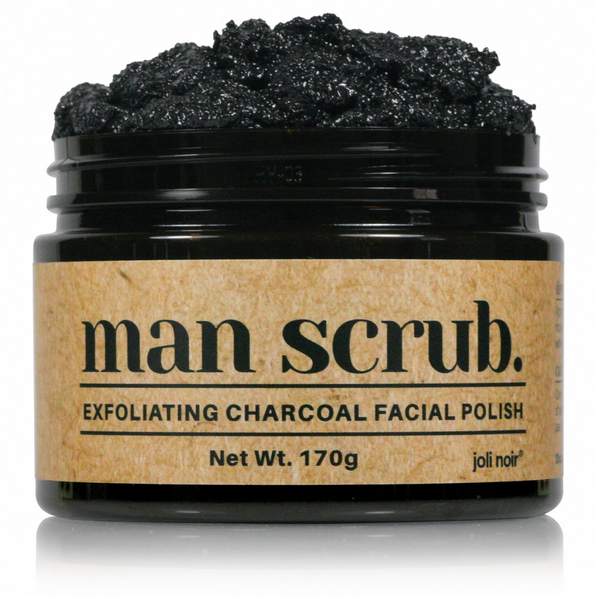 Joli Noir men's charcoal scrub jar close-up showing exfoliating action for oily skin