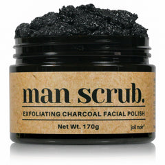 Joli Noir men's charcoal scrub jar close-up showing exfoliating action for oily skin