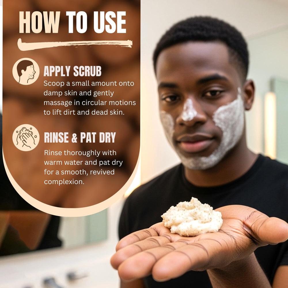 Morning routine shot showing cleansing with Joli Noir Walnut Scrub.