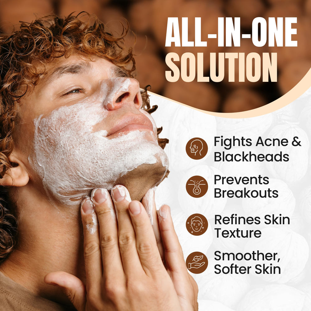 Ingredient glimpse of walnut powder and natural oils in Joli Noir cleanser.