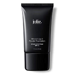 JOLIE Liquid Powder Foundation bottle shows velvety, oil-free finish with SPF 15