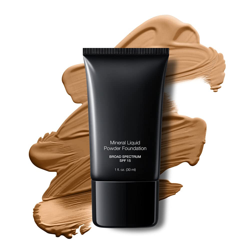 Jolie Mineral Liquid Powder Foundation bottle close-up, suitable for all skin types, lightweight coverage.