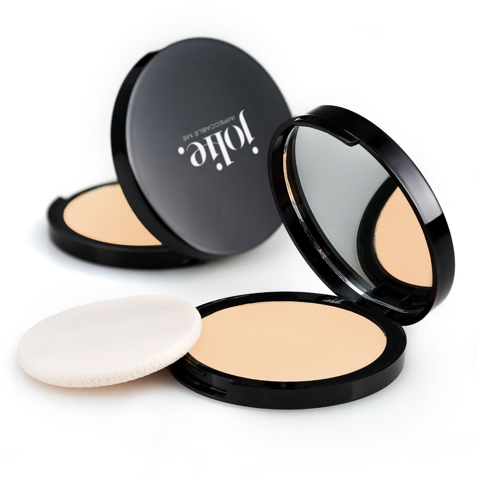 Jolie Mineral Powder Foundation with sponge demonstrates translucent to full coverage for a luminous finish.