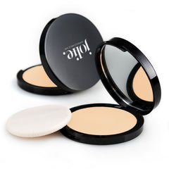 Jolie Mineral Powder Foundation with sponge demonstrates translucent to full coverage for a luminous finish.