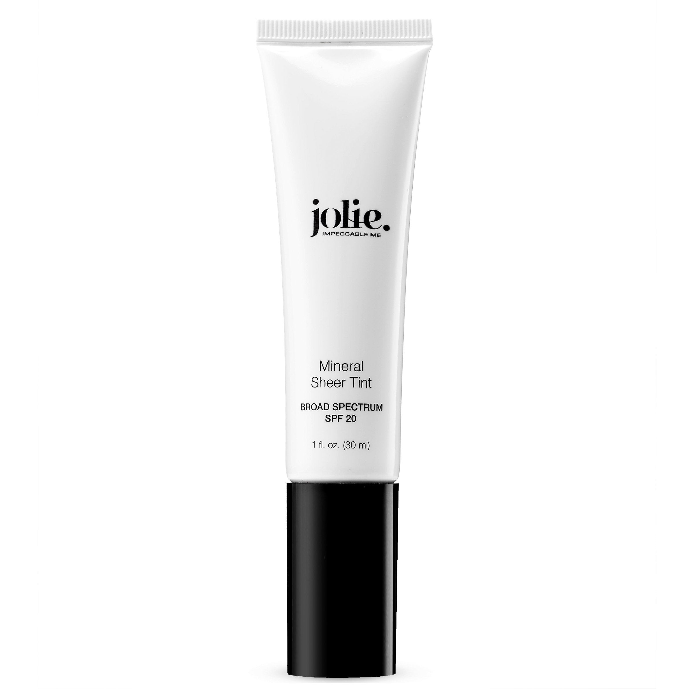 JOLIE Mineral Sheer Tint SPF 20 bottle shows a light, skin-like finish.