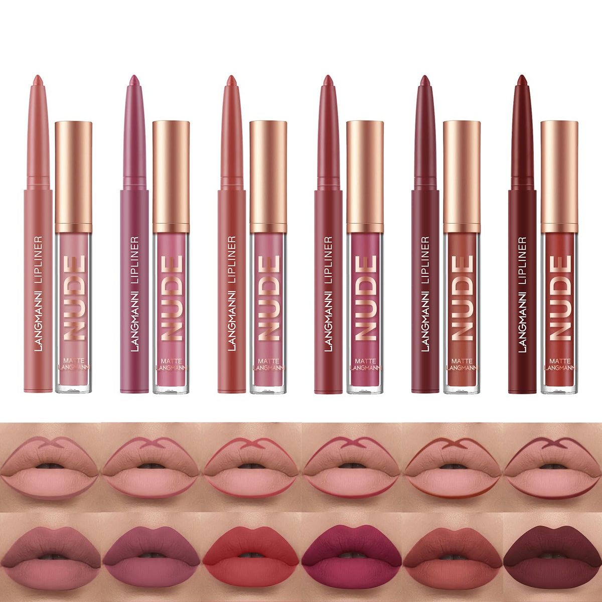 Jolilab lip liner set swatches showing precise contour options for nude to bold looks.