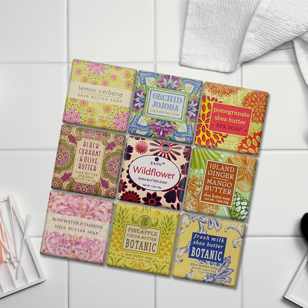 Jolitee Shea butter enriched soap bar beside other varieties highlighting hydration.