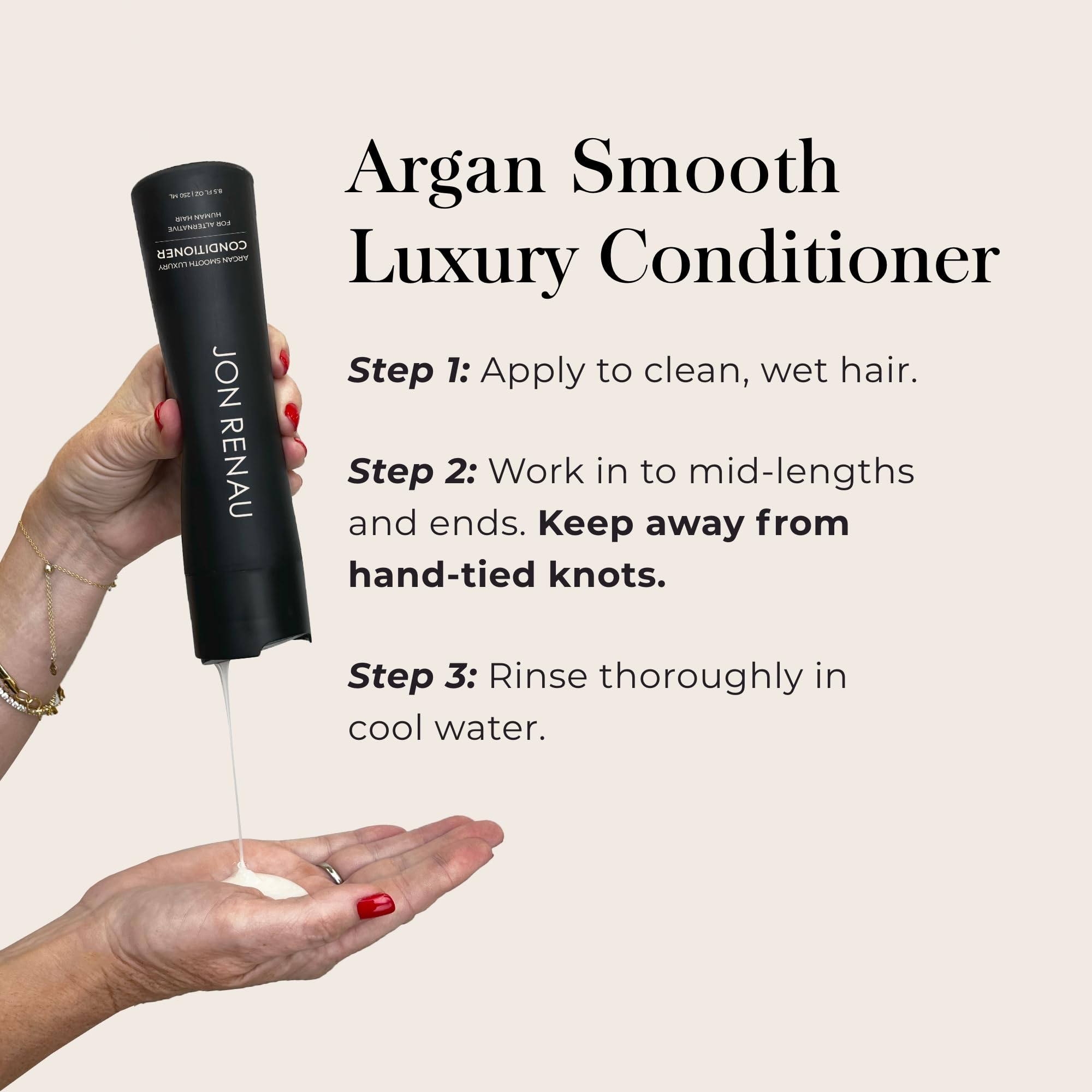 Texture of Jon Renau Argan Smooth conditioner on hair indicating smooth styling
