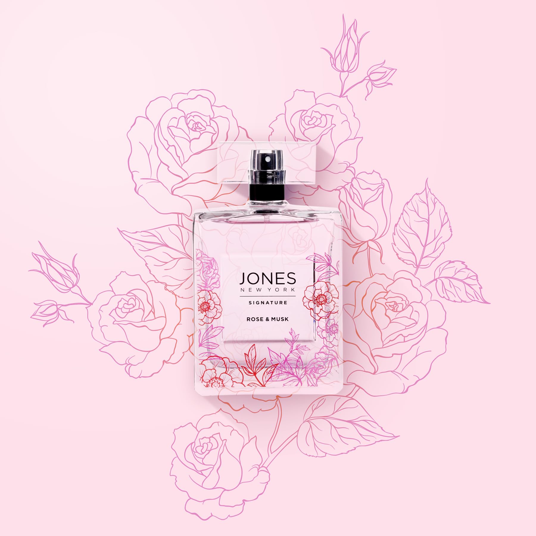 Jones New York Rose & Musk floral heart with rose, lily, magnolia notes