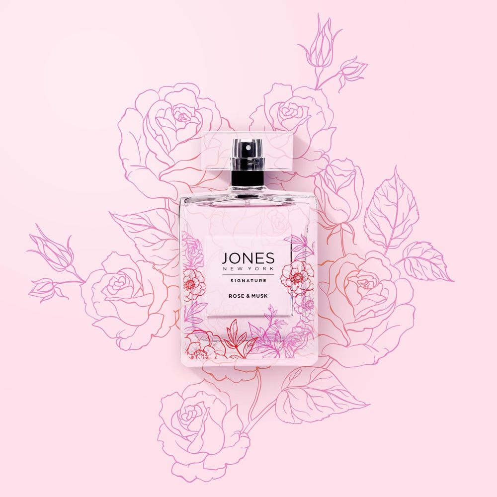 Jones New York Rose & Musk floral heart with rose, lily, magnolia notes