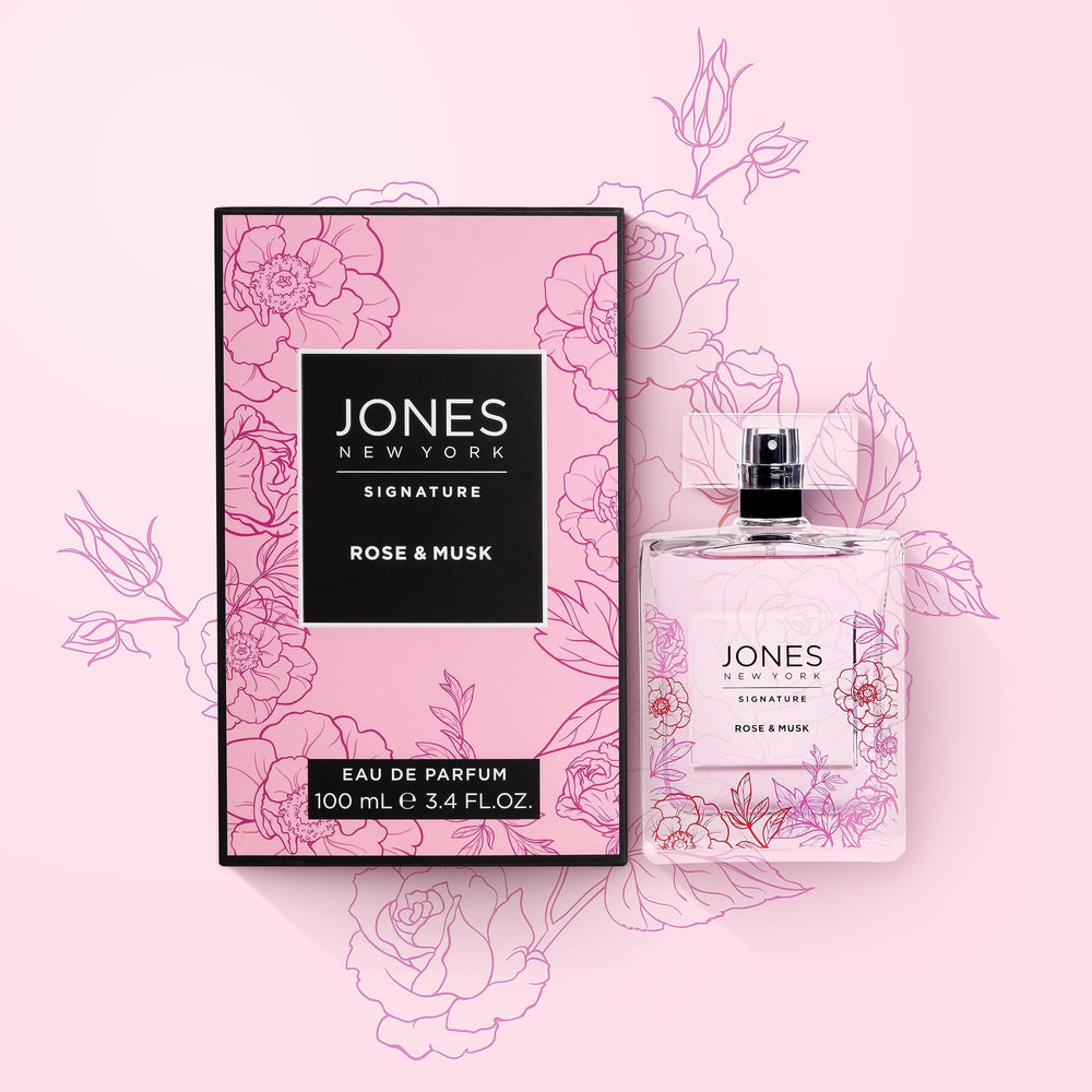 Jones New York Rose & Musk elegant packaging suggesting gift-worthy luxury