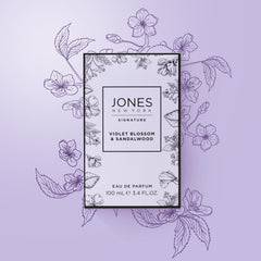 Close-up shows Violet Blossom & Sandalwood notes, highlighting mandarin and violet.