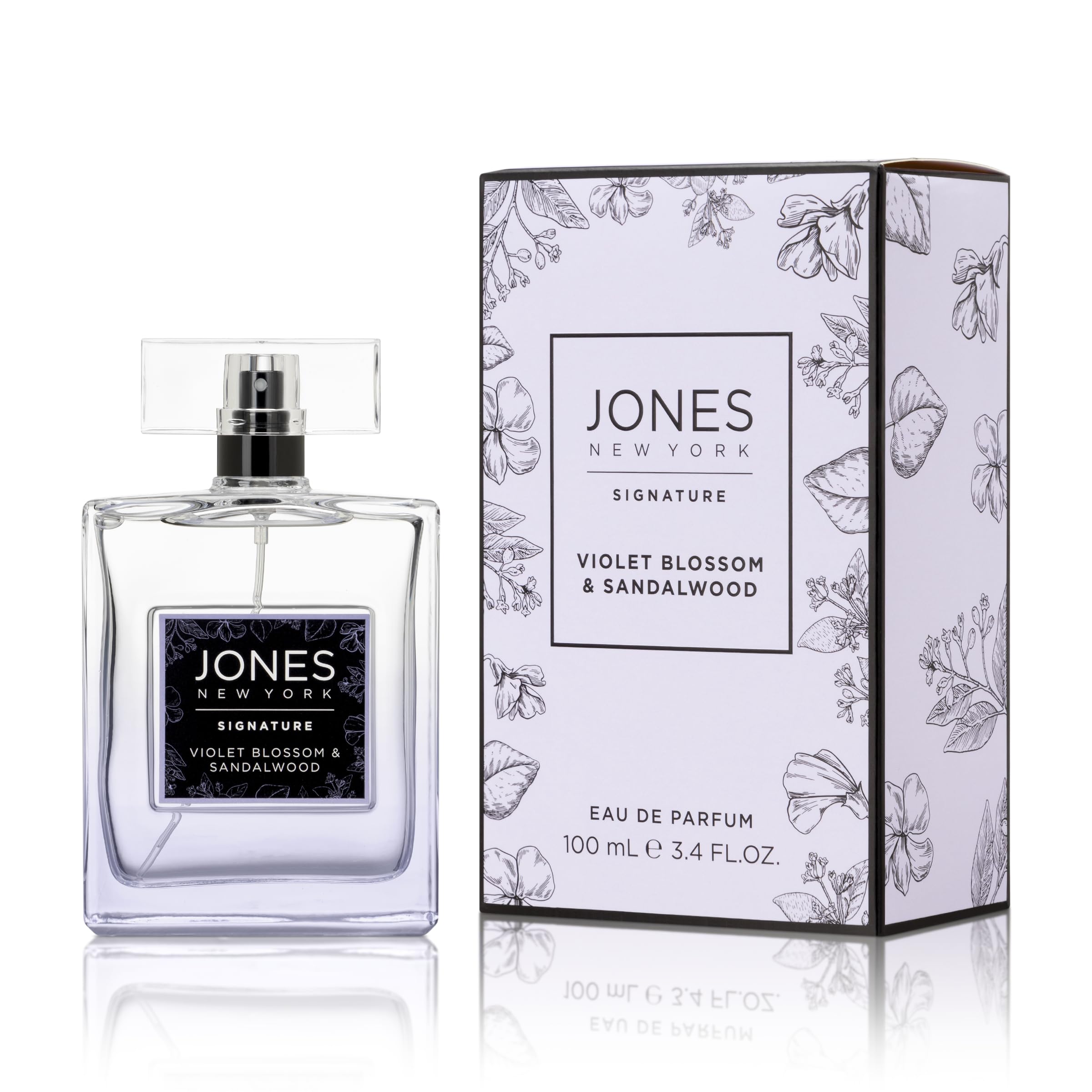 Jones New York Violet Blossom & Sandalwood perfume bottle delivers a long-lasting daily fragrance.