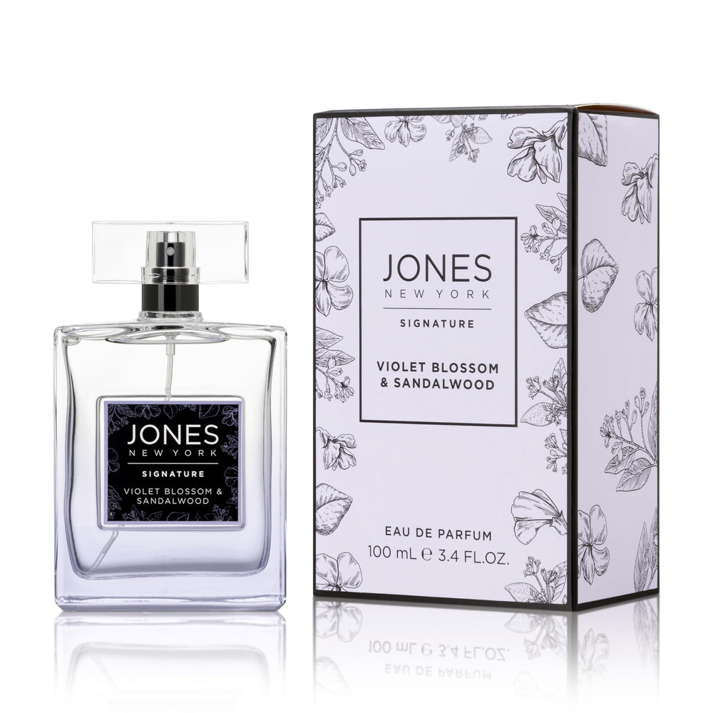 Jones New York Violet Blossom & Sandalwood perfume bottle delivers a long-lasting daily fragrance.