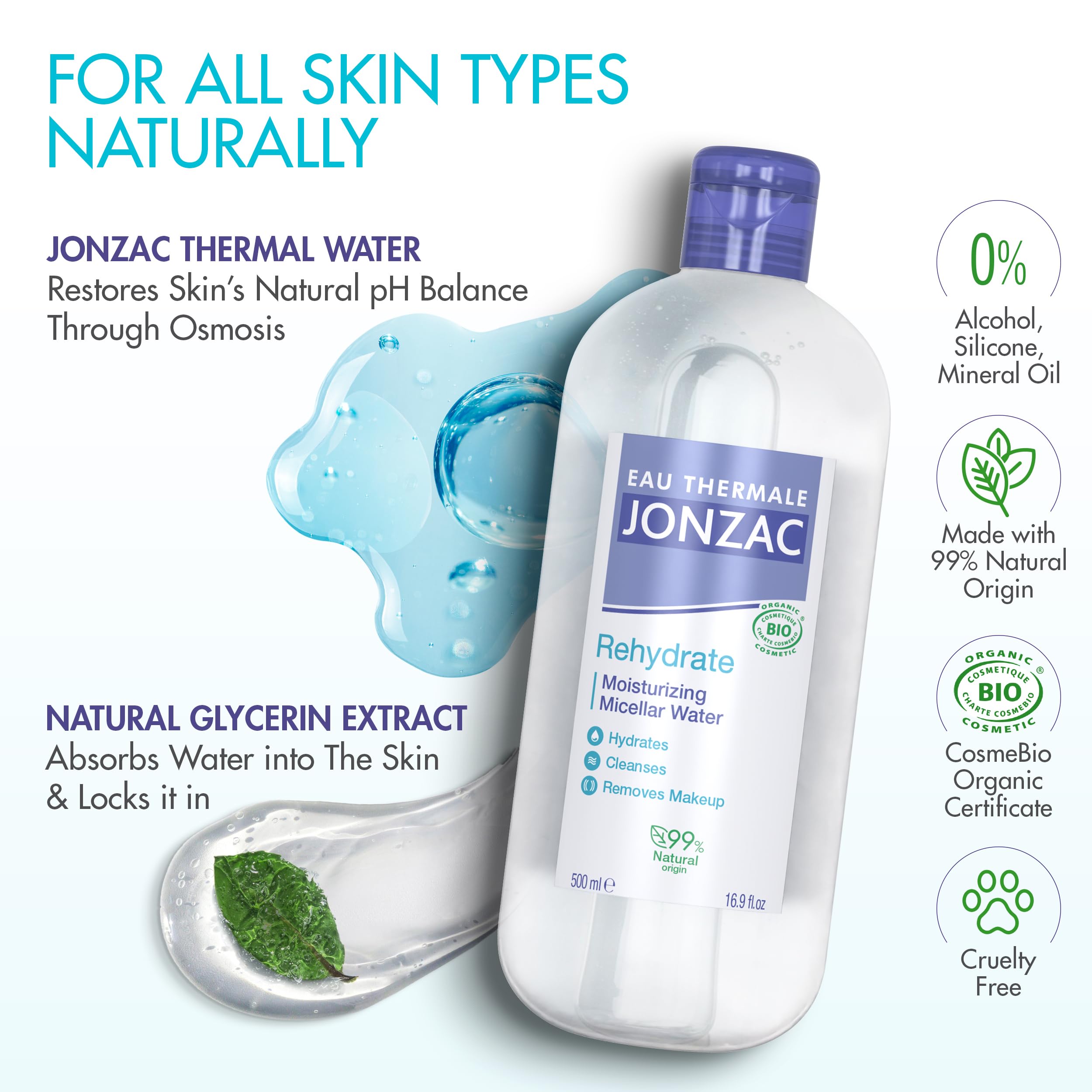 Pouring JONZAC micellar water for gentle makeup removal on the go