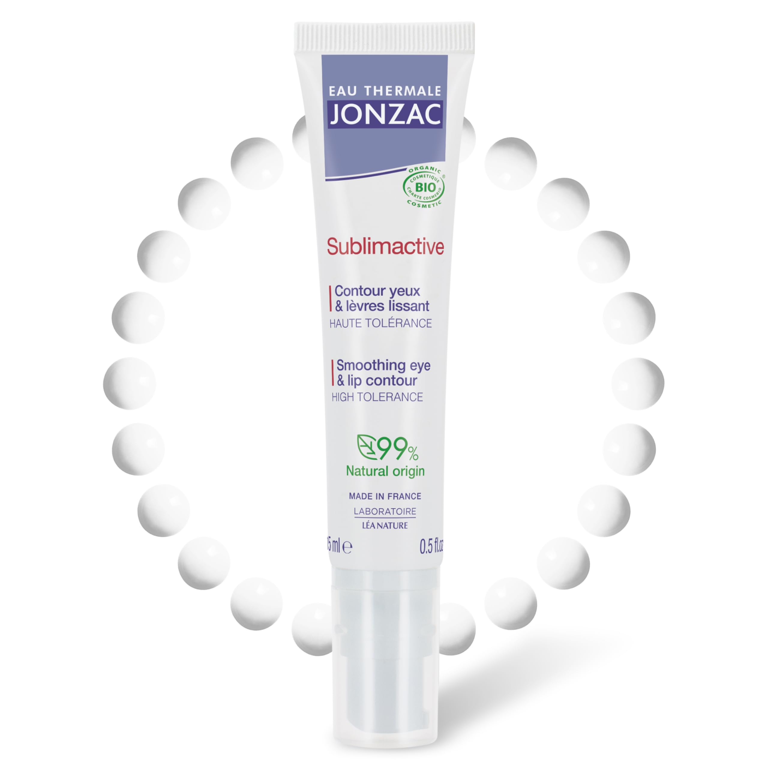 JONZAC Sublimactive eye-lip contour cream bottle highlighting hydrating formula.