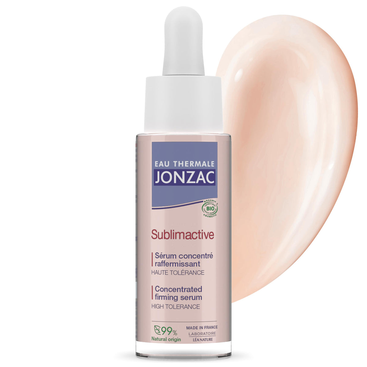 JONZAC Sublimactive serum bottle demonstrates premium anti-aging care for the face.