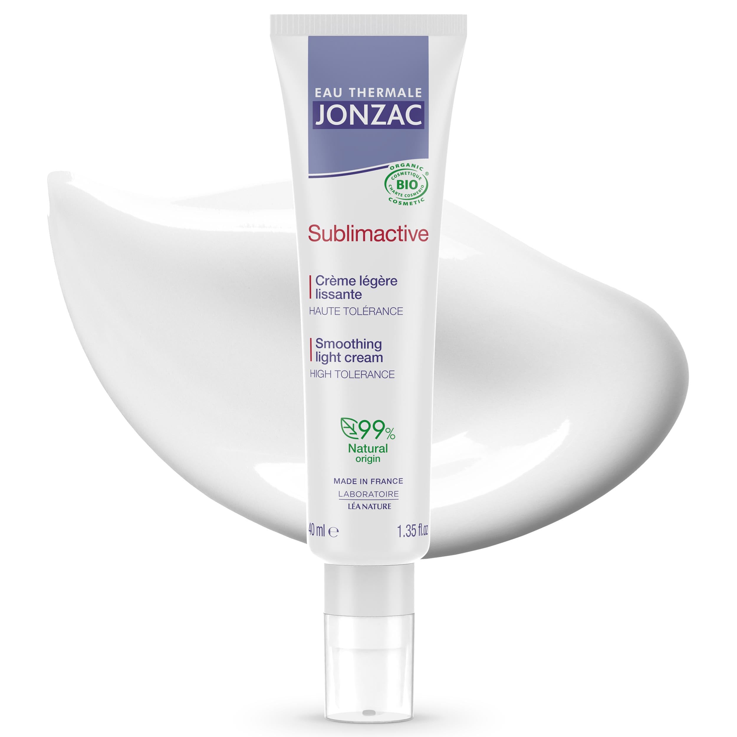 JONZAC Sublimactive smoothing light cream packaging showcases its organic anti-aging formula.