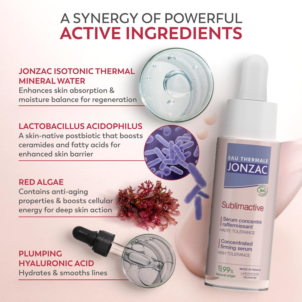 JONZAC Sublimactive details highlight 25% thermal spring water in a natural formula.