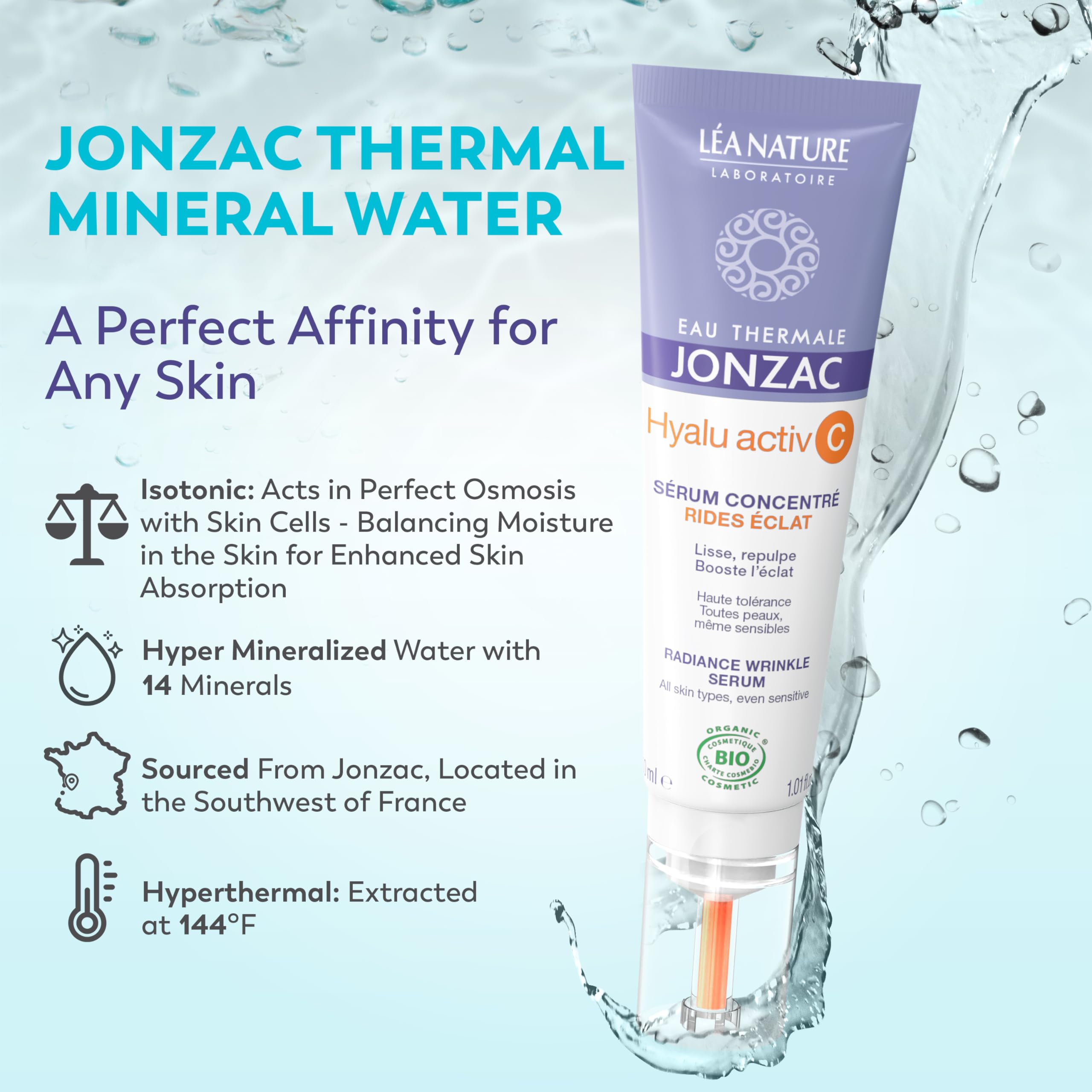 JONZAC isotonic thermal water splash emphasizing skin balance