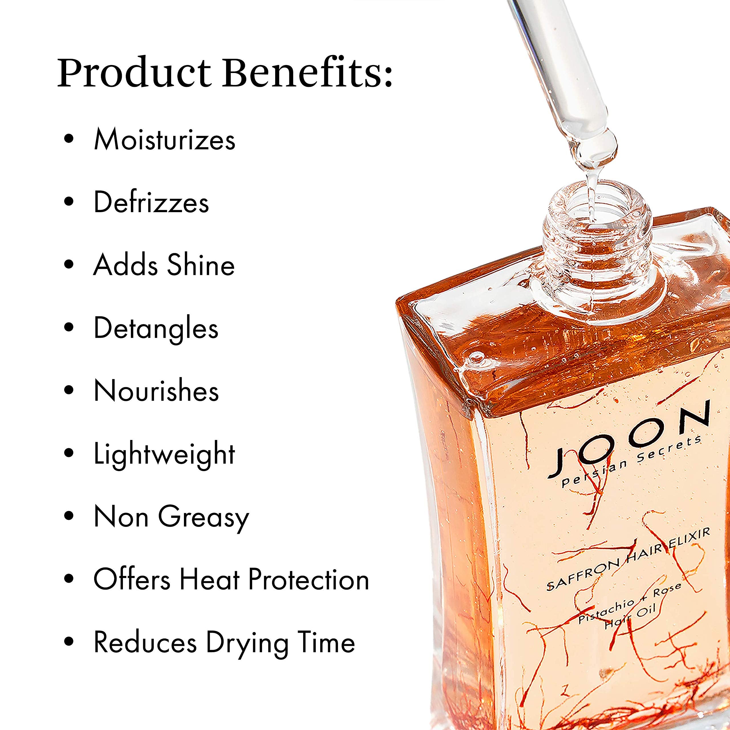 Joon Saffron Hair Elixir bottle closeup highlighting silky texture and light weight.