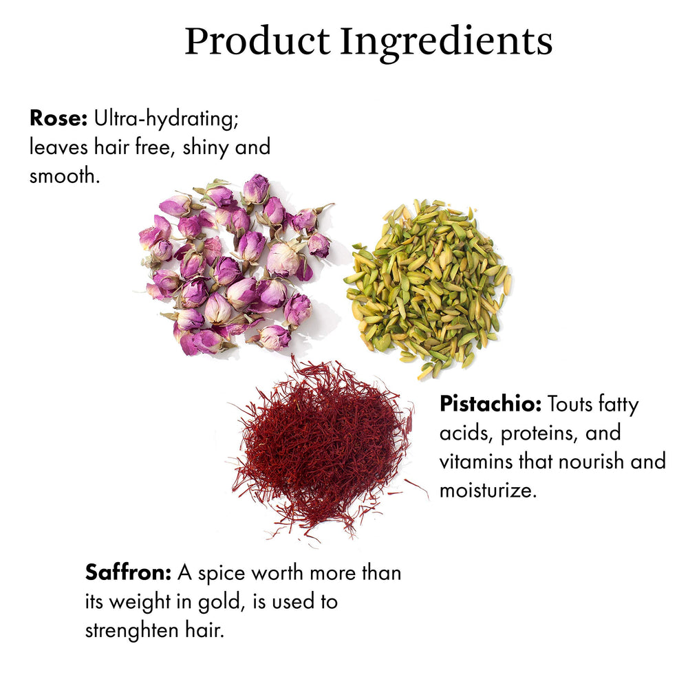 Joon Saffron Hair Elixir rose pistachio oils deliver radiant shine and detangling help.
