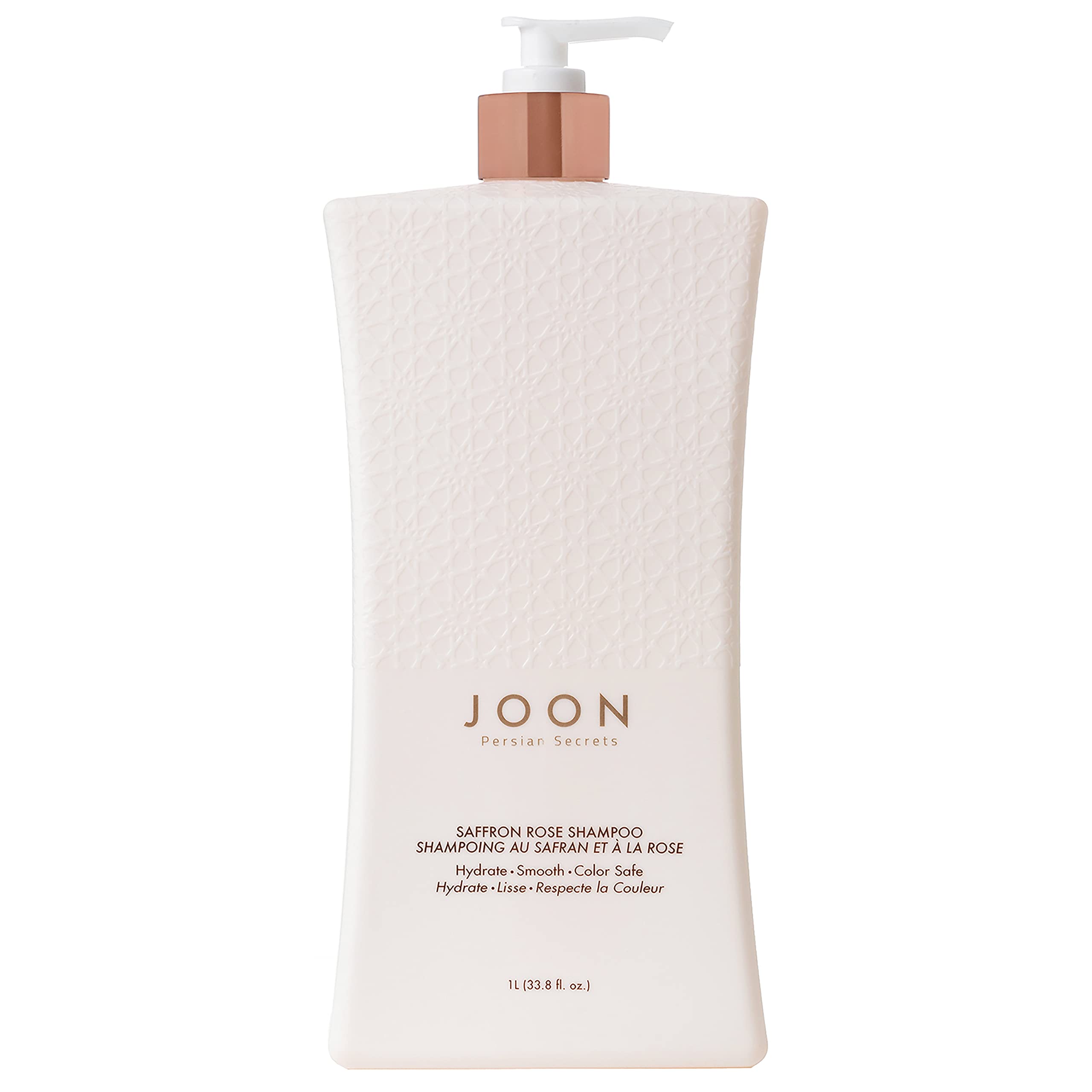 Joon Saffron Rose Shampoo bottle on display, inviting daily cleansing for vibrant hair.