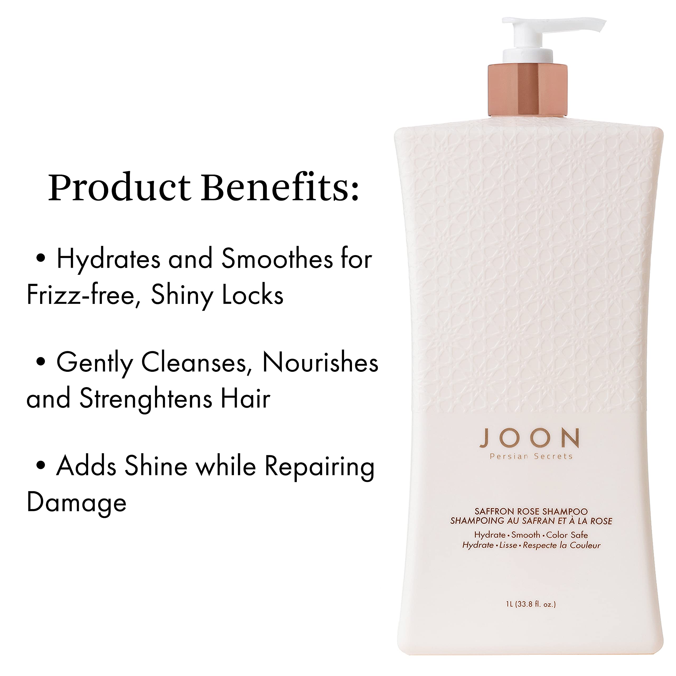 Joon Saffron Rose Shampoo label close-up highlighting the botanical blend.