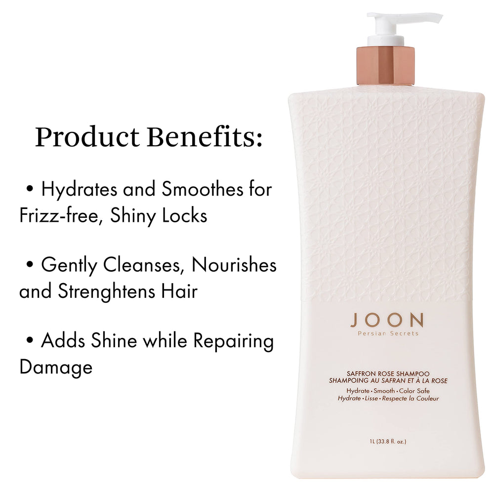 Joon Saffron Rose Shampoo label close-up highlighting the botanical blend.