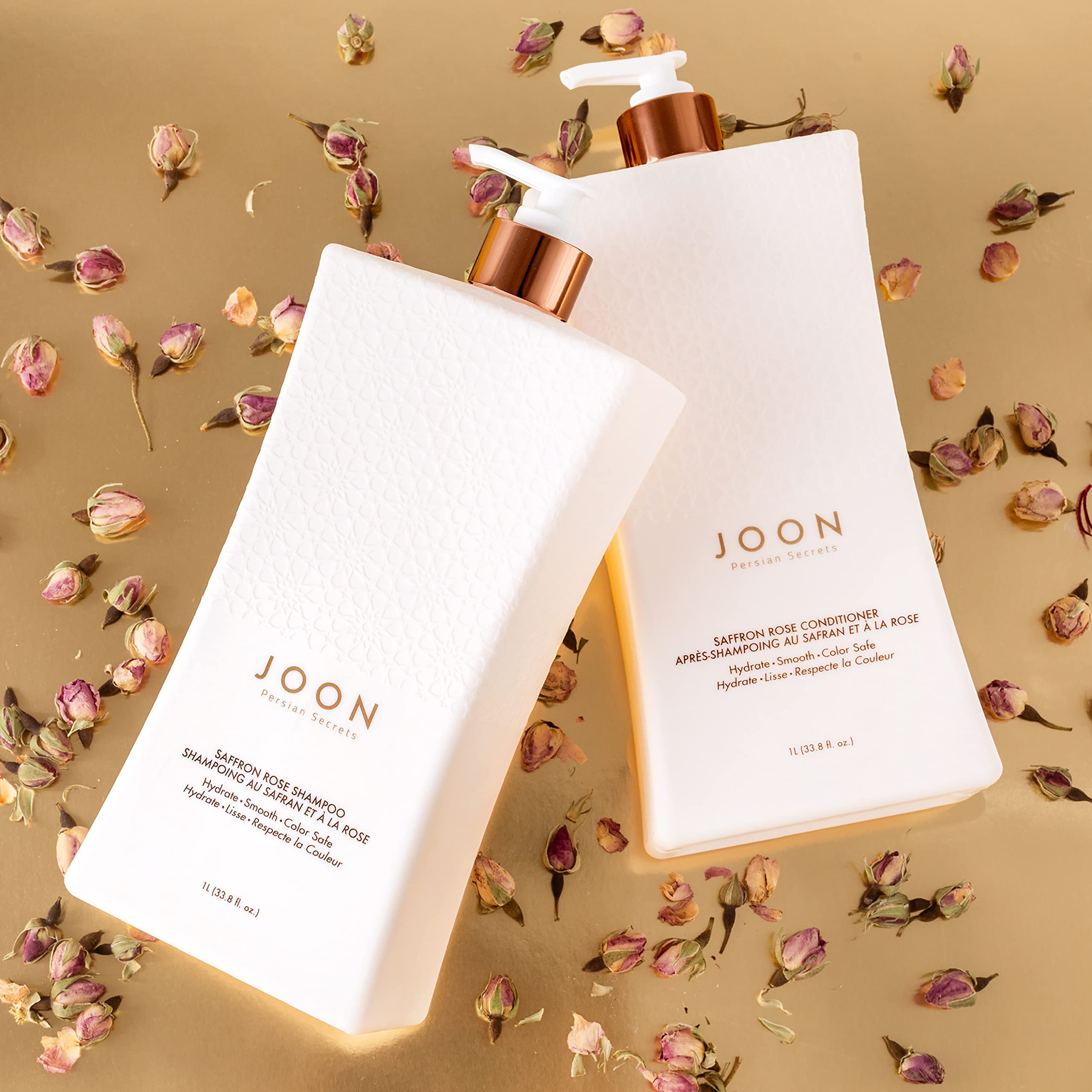 Joon Saffron Rose Shampoo pump dispense, for easy daily use.