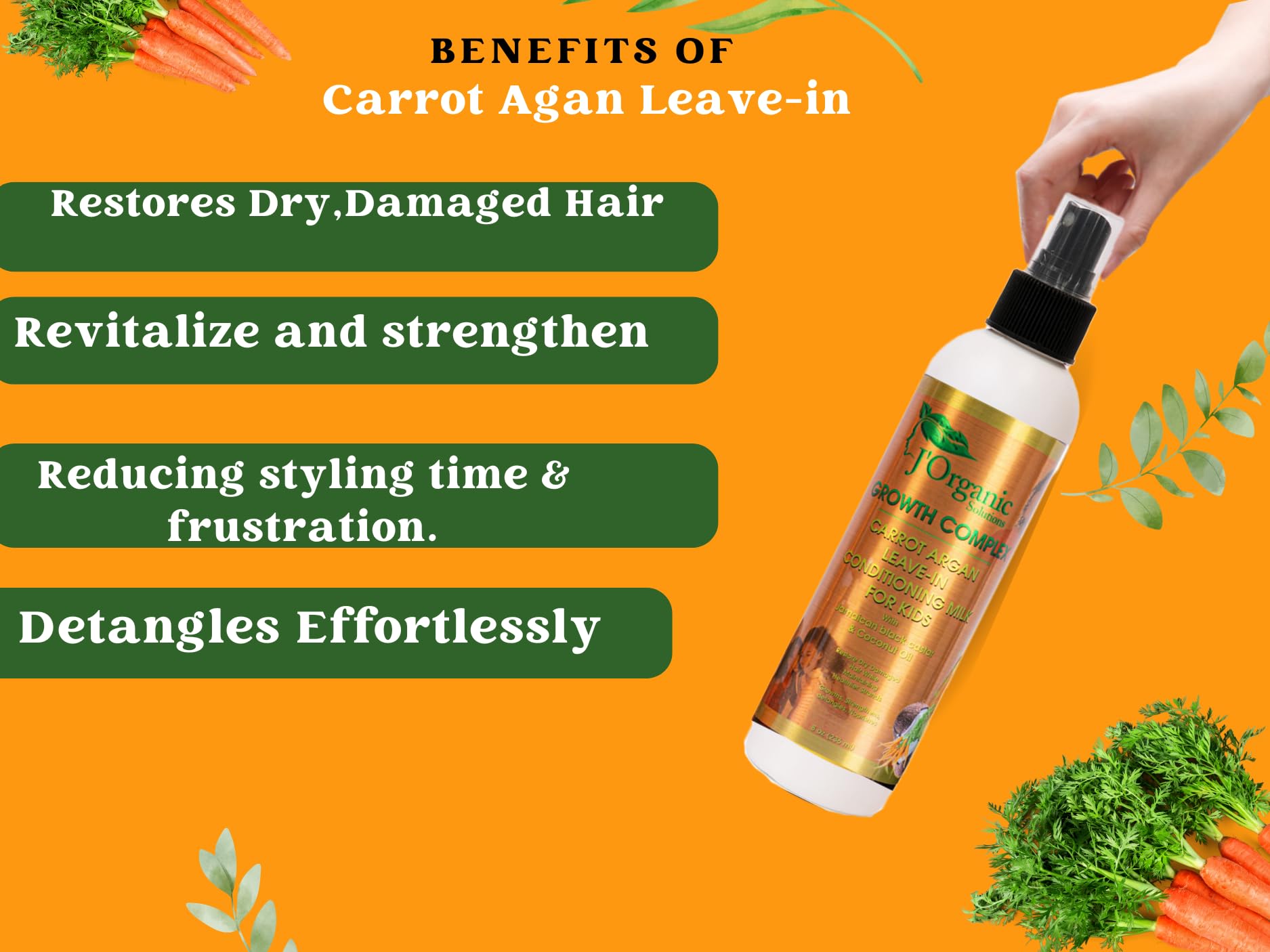 J'Organic Solutions carrot and argan ingredients highlight in kid curl care line.