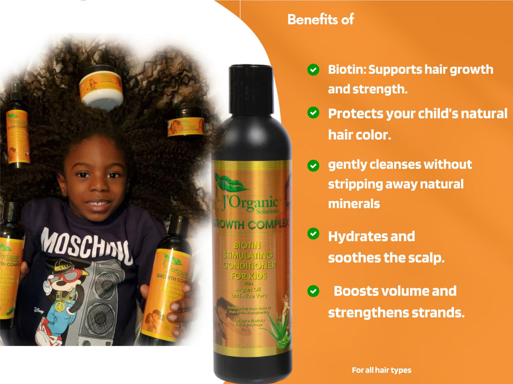 J'Organic Solutions Kids Shampoo bottle provides gentle cleansing for vibrant curls.