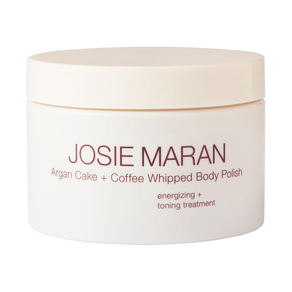 Josie Maran Argan Cake and Coffee Whipped Body Polish jar shows exfoliating texture for smooth skin