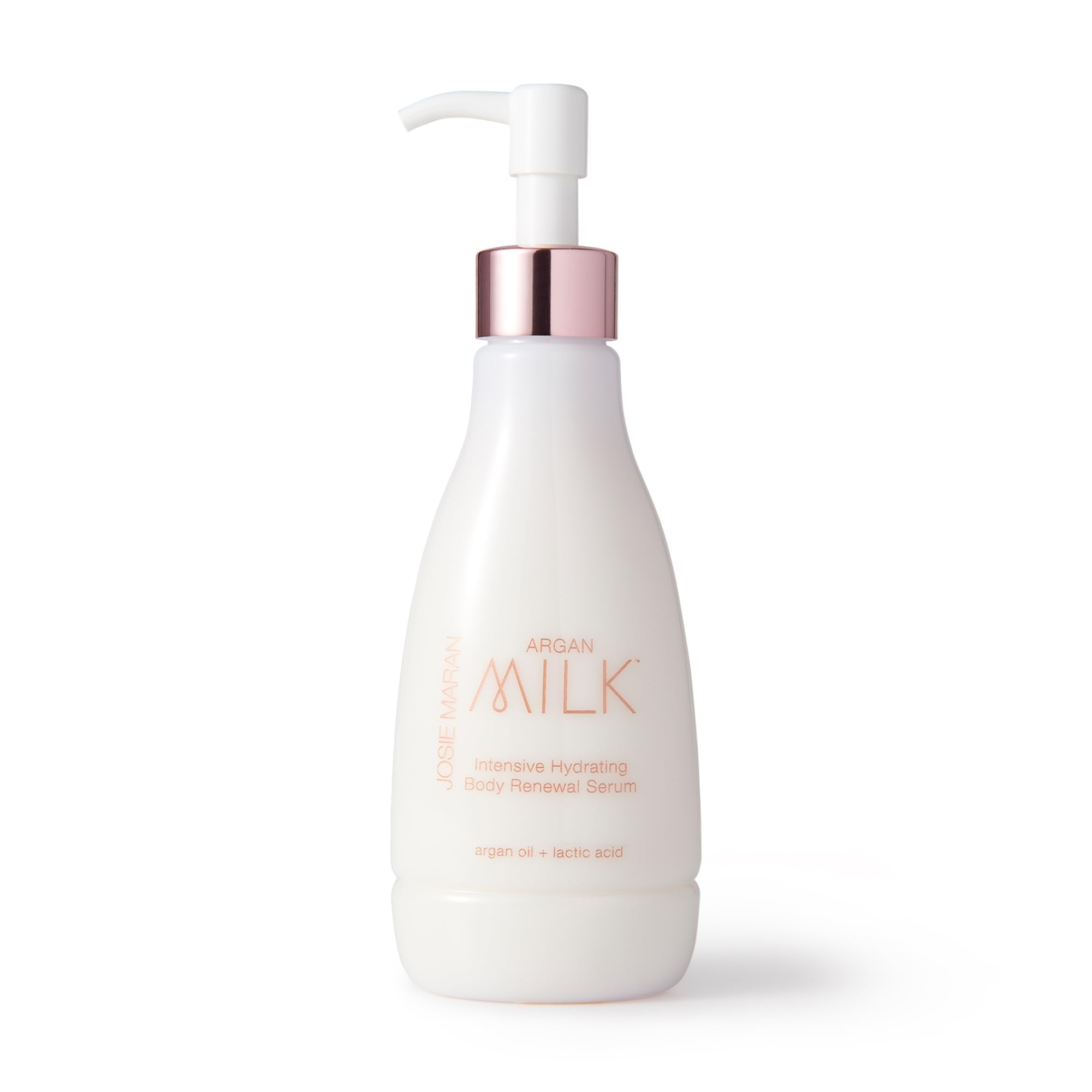 Josie Maran Argan Milk Body Serum bottle with pump delivers deep hydration.