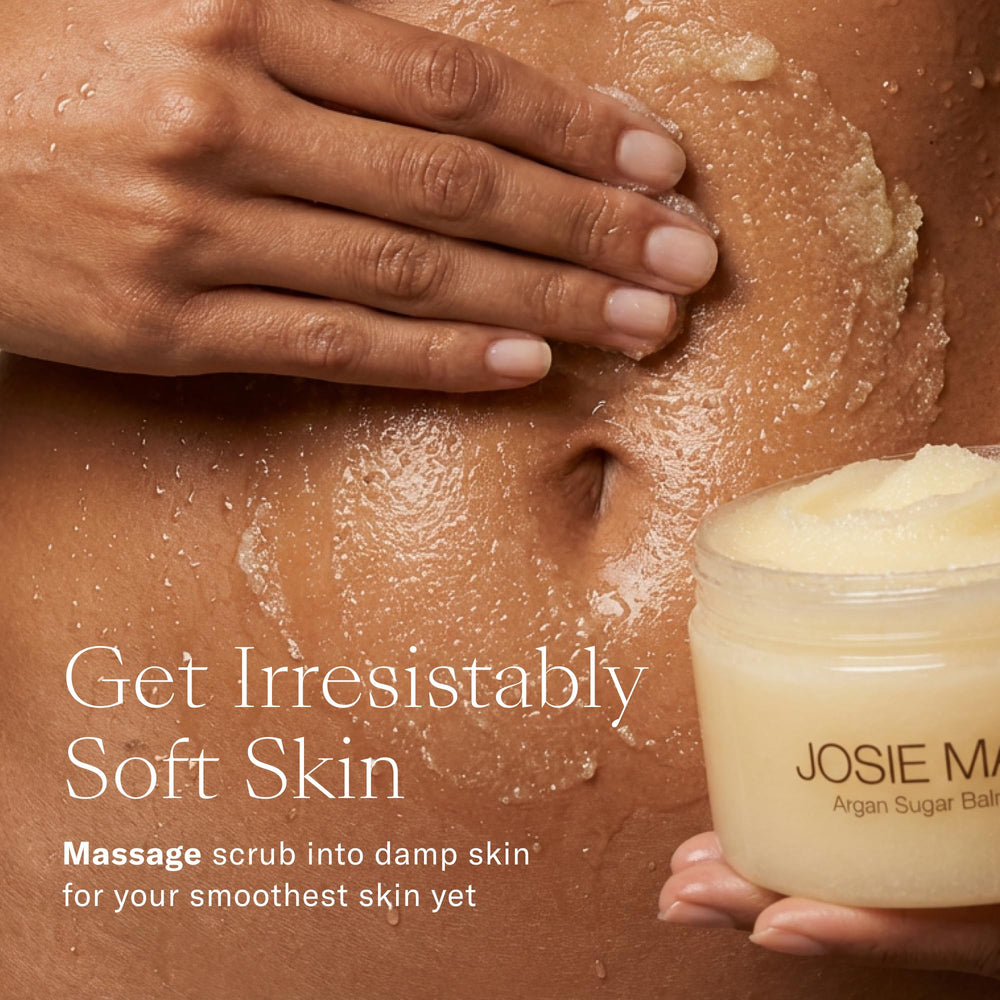 Josie Maran Argan Sugar Balm Scrub tub with scoop for easy self-care routine.