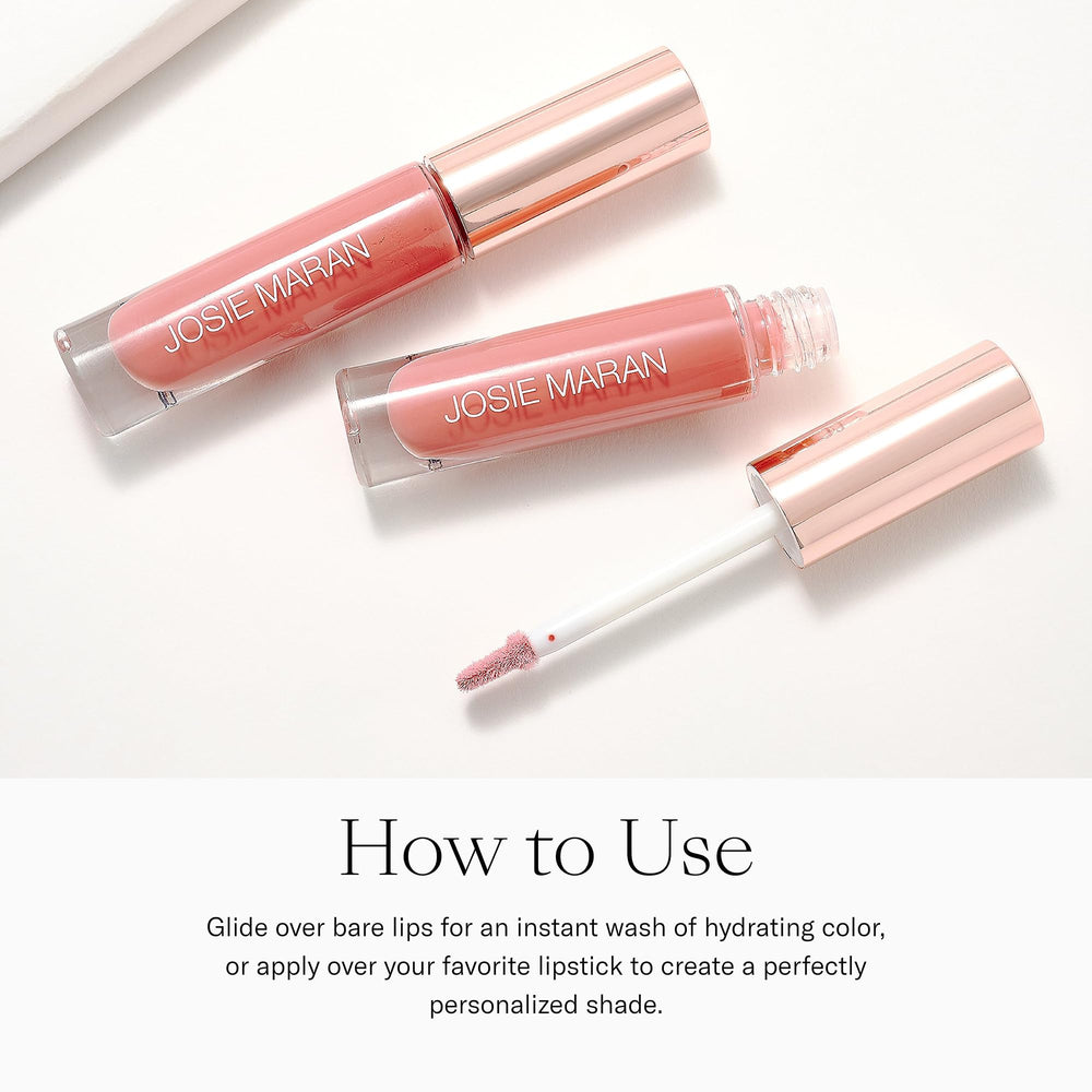 Josie Maran Lip Booster gloss close-up with glossy hydration.