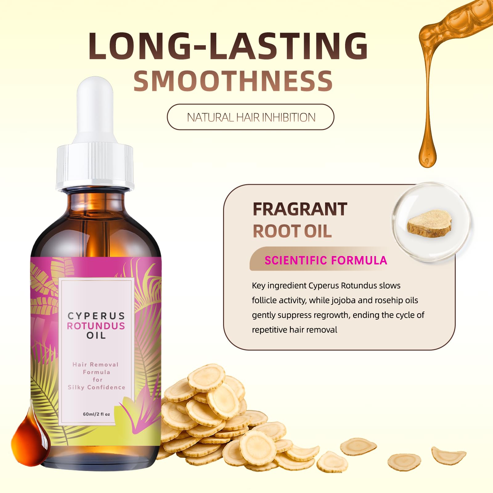 JOSMAX Cyperus Rotundus Oil texture close-up, smooth, moisturized skin