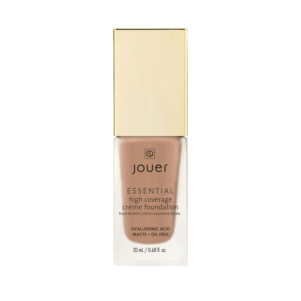 Jouer Essential High Coverage Creme Foundation bottle demonstrates full coverage and long wear.