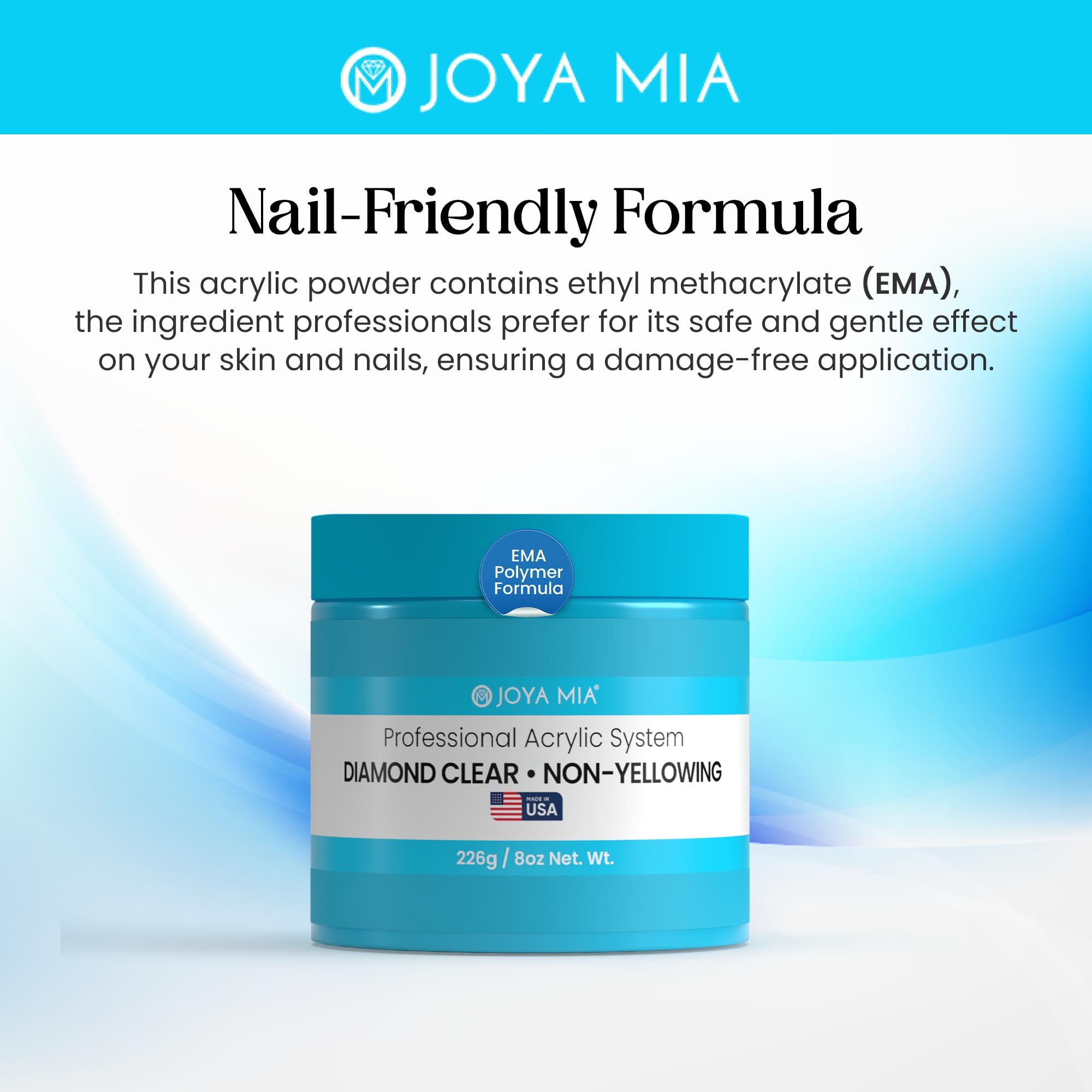 JOYA MIA acrylic powder application close-up showing silky texture for easy sculpting.
